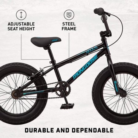 Mongoose Argus MX Kids Fat Tire Mountain Bike, 16 Inch, Single Speed, 3-4.25-Inch Wide Tires, Black