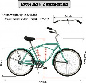 hosote Beach Cruiser Bike for Men and Women, Featuring Retro-Styled 18-Inch Steel Step-Over Frame, 26-Inch Wheels Comfort Cruiser Bicycle with Front and Rear Fenders, Green