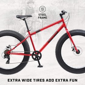 Mongoose Dolomite Mens Fat Tire Mountain Bike, 26-Inch Wheels, 4-Inch Wide Knobby Tires, 7-Speed, Steel Frame, Front and Rear Brakes, Red