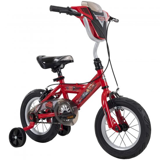 Huffy Disney Cars Kid Bike Quick Connect Assembly, Handlebar Plaque w/Sounds & Training Wheels, 12\" Red