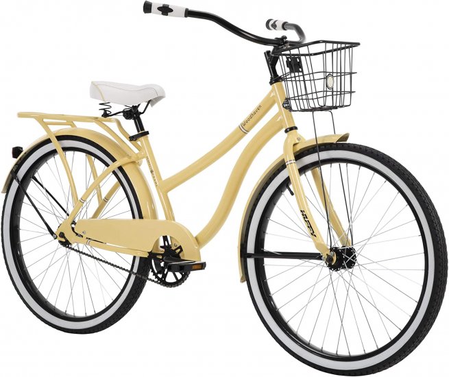 Huffy Woodhaven Cruiser Bike, Men\'s or Women\'s, 26 Inch,With Basket & Rear Rack,Cream Yellow