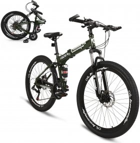 hosote 26 Inch Folding Full Suspension Mountain Bike, 21 Speed High-Tensile Carbon Steel Frame MTB, Dual Disc Brake Bicycle for Men and Women,Green