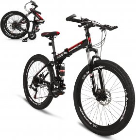 hosote 26 Inch Folding Full Suspension Mountain Bike, 21 Speed High-Tensile Carbon Steel Frame MTB, Dual Disc Brake Bicycle for Men and Women,Red