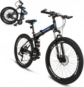 hosote 26 Inch Folding Full Suspension Mountain Bike, 21 Speed High-Tensile Carbon Steel Frame MTB, Dual Disc Brake Bicycle for Men and Women,Blue