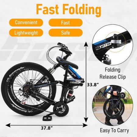 hosote 26 Inch Folding Full Suspension Mountain Bike, 21 Speed High-Tensile Carbon Steel Frame MTB, Dual Disc Brake Bicycle for Men and Women,Blue