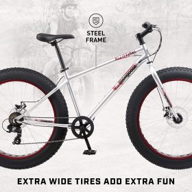 Mongoose Malus Adult Fat Tire Mountain Bike, 26-Inch Wheels, 7-Speed, Twist Shifters, Steel Frame, Mechanical Disc Brakes, Silver/Yellow