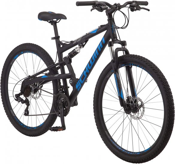 Schwinn S29 Mens Mountain Bike, 29-Inch Wheels, Dual-Suspension, Mechanical Disc Brakes, Matte Black/Blue