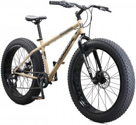 Mongoose Malus Adult Fat Tire Mountain Bike, 26-Inch Wheels, 7-Speed, Twist Shifters, Steel Frame, Mechanical Disc Brakes, Tan