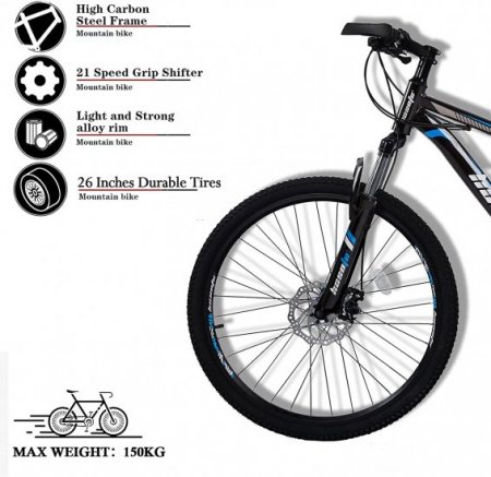 hosote 26 Inch Mountain Bike for Men and Women, Suspension Fork Mountain Bicycle, 21 Speed High-Tensile Carbon Steel Frame MTB with Dual Disc Brake for Adult Youth, Blue