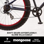 Mongoose Dolomite Mens Fat Tire Mountain Bike, 26-Inch Wheels, 4-Inch Wide Knobby Tires, 7-Speed, Steel Frame, Front and Rear Brakes, Navy Blue