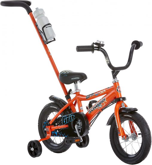 Schwinn Grit and Petunia Steerable Kids Bike, Boys and Girls Beginner Bicycle, 12-Inch Wheels, Training Wheels, Easily Removed Parent Push Handle with Water Bottle Holder, Orange