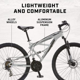 Mongoose Impasse Mens Mountain Bike, Aluminum Frame, Twist Shifters, Front and Rear Disc Brakes, Silver