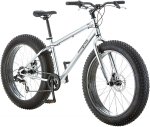 Mongoose Malus Adult Fat Tire Mountain Bike, 26-Inch Wheels, 7-Speed, Twist Shifters, Steel Frame, Mechanical Disc Brakes, Silver/Black