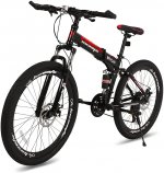 hosote 26 Inch Folding Full Suspension Mountain Bike, 21 Speed High-Tensile Carbon Steel Frame MTB, Dual Disc Brake Bicycle for Men and Women,Red