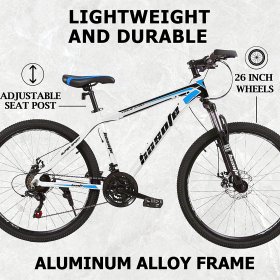 hosote 26 Inch Mountain Bike with Aluminum Frame for Men and Women, Shimano 21 Speeds Lightweight MTB Bicycle with Suspension Fork, Dual Disc Brake, Blue