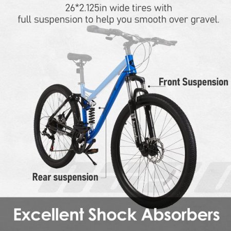 hosote Full Suspension Mountain Bike, 21 Speed Shimano Drivetrain, 26 inch Wheels MTB Bicycle with Dual Disc Brake for Men Women Youth Adult, Blue