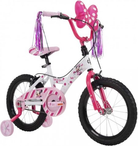 Huffy Disney Minnie Girl's Bike for Kids, Training Wheels, 16 Inch,Gloss White