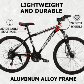 hosote 26 Inch Mountain Bike with Aluminum Frame for Men and Women, Shimano 21 Speeds Lightweight MTB Bicycle with Suspension Fork, Dual Disc Brake, Red