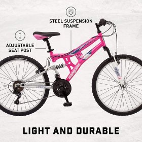 Mongoose Exlipse Full Dual-Suspension Mountain Bike for Kids, 24-Inch Wheels, Kickstand Included, Pink