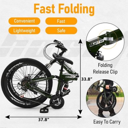 hosote 26 Inch Folding Full Suspension Mountain Bike, 21 Speed High-Tensile Carbon Steel Frame MTB, Dual Disc Brake Bicycle for Men and Women,Green