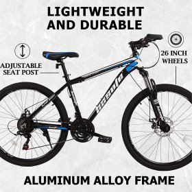 hosote 26 Inch Mountain Bike with Aluminum Frame for Men and Women, Shimano 21 Speeds Lightweight MTB Bicycle with Suspension Fork, Dual Disc Brake, Black