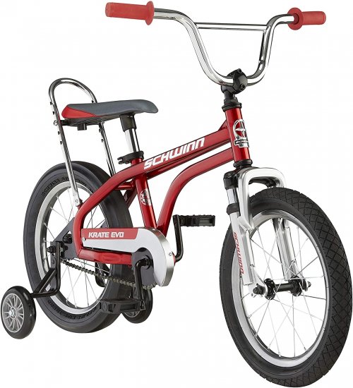 Schwinn Krate Evo Classic Kids Bike, 16-Inch Wheels, Boys and Girls Ages 3-5 Years, Removable Training Wheels, Coaster Brakes, Apple Red