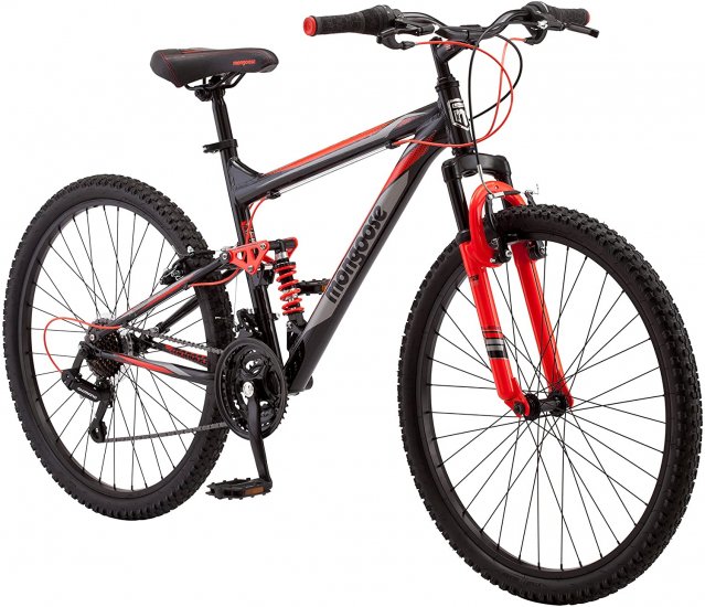 Mongoose Status Mountain Bike, Mens and Womens, Aluminum Frame, Black/Red