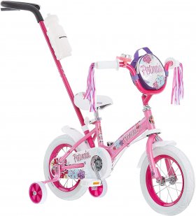 Schwinn Grit and Petunia Steerable Kids Bike, Boys and Girls Beginner Bicycle, 12-Inch Wheels, Training Wheels, Easily Removed Parent Push Handle with Water Bottle Holder, Pink