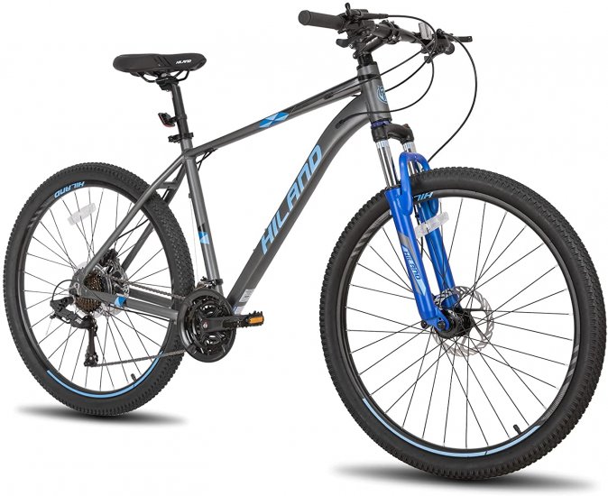 Hiland Mountain Bike 27 Speeds, Lock-Out Suspension Fork, Aluminum Frame 27.5 inch Wheel, Gray&Blue