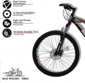 hosote 26 Inch Mountain Bike for Men and Women, Suspension Fork Mountain Bicycle, 21 Speed High-Tensile Carbon Steel Frame MTB with Dual Disc Brake for Adult Youth, Red