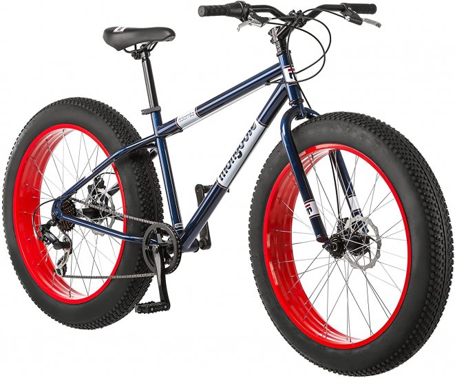 Mongoose Dolomite Mens Fat Tire Mountain Bike, 26-Inch Wheels, 4-Inch Wide Knobby Tires, 7-Speed, Steel Frame, Front and Rear Brakes, Navy Blue