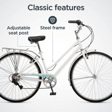 Schwinn Wayfarer Adult Bike Hybrid Retro-Styled Cruiser, Step-Over or Step-Through Frame Option, 7-Speed Drivetrain, Rear Rack, 700C Wheels, White