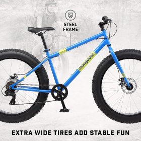 Mongoose Dolomite Mens Fat Tire Mountain Bike, 26-Inch Wheels, 4-Inch Wide Knobby Tires, 7-Speed, Steel Frame, Front and Rear Brakes, Light Blue