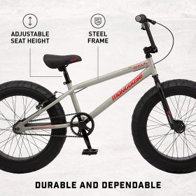 Mongoose Argus MX Kids Fat Tire Mountain Bike, 20 Inch, Single Speed, 3-4.25-Inch Wide Tires, Tan