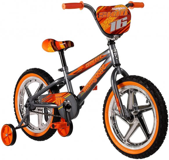 Mongoose Skid Boy\'s Freestyle BMX Bike with Training Wheels, 16-Inch Wheels, Grey
