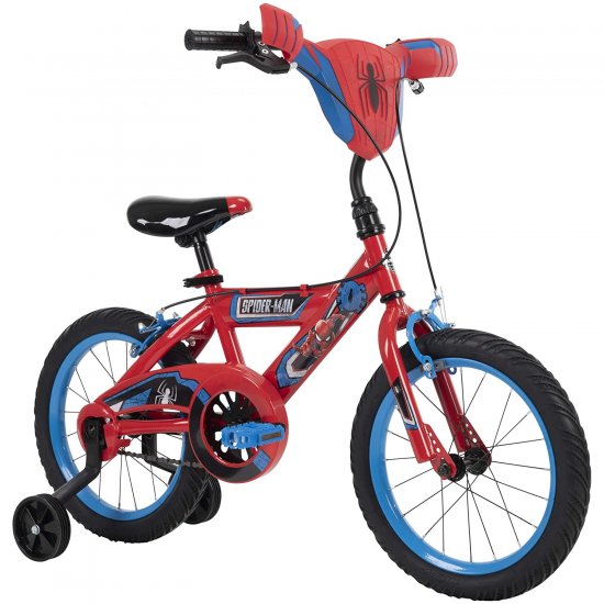 Huffy Marvel Spider-Man Kid Bike Quick Connect Assembly, Handlebar Plaque & Training Wheels, 16\" Wheel, Red