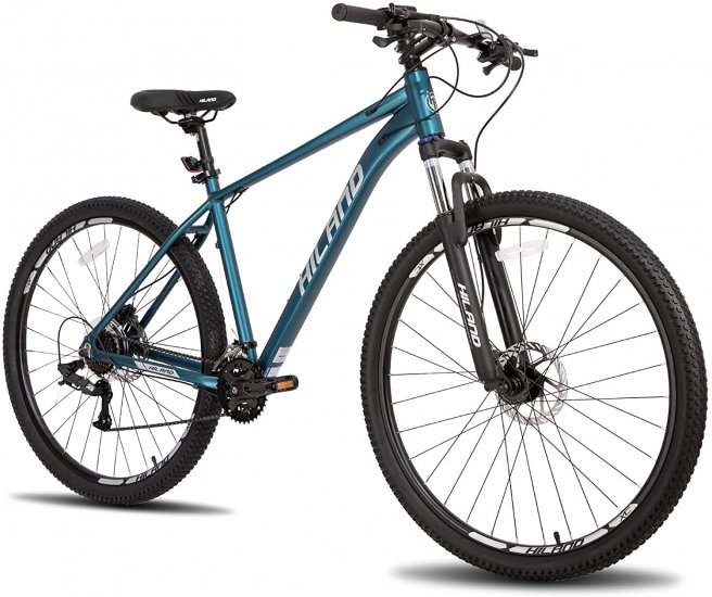 Hiland 29 Inch Aluminum Mountain Bike 17/19 inch Frame Hydraulic Disc-Brake 16 Speed with Lock-Out Suspension Fork, Blue