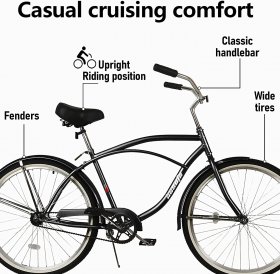 hosote Beach Cruiser Bike for Men and Women, Featuring Retro-Styled 18-Inch Steel Step-Over Frame, 26-Inch Wheels Comfort Cruiser Bicycle with Front and Rear Fenders, Black