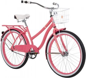 Huffy Woodhaven Cruiser Bike, Men's or Women's, 24 Inch,With Basket & Rear Rack,Gloss Coral