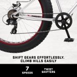 Mongoose Malus Adult Fat Tire Mountain Bike, 26-Inch Wheels, 7-Speed, Twist Shifters, Steel Frame, Mechanical Disc Brakes, Silver/Yellow