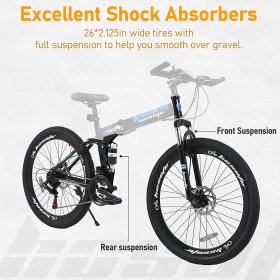 hosote 26 Inch Folding Full Suspension Mountain Bike, 21 Speed High-Tensile Carbon Steel Frame MTB, Dual Disc Brake Bicycle for Men and Women,Blue