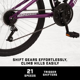 Mongoose Major Mountain Bike, 24-inch wheels, 21 speeds, purple, womens style frame