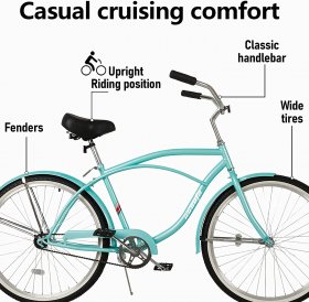hosote Beach Cruiser Bike for Men and Women, Featuring Retro-Styled 18-Inch Steel Step-Over Frame, 26-Inch Wheels Comfort Cruiser Bicycle with Front and Rear Fenders, Blue