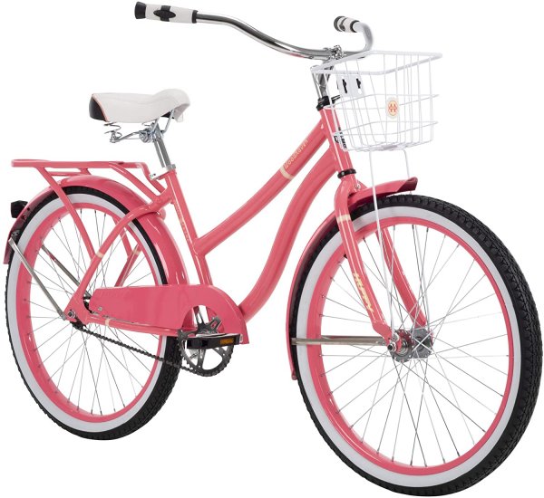 Huffy Woodhaven Cruiser Bike, Men\'s or Women\'s, 24 Inch,With Basket & Rear Rack,Gloss Coral