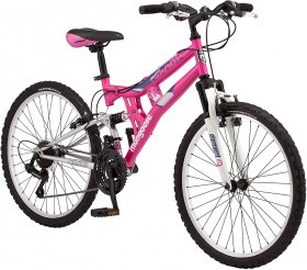 Mongoose Exlipse Full Dual-Suspension Mountain Bike for Kids, 24-Inch Wheels, Kickstand Included, Pink