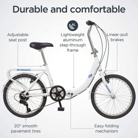 Schwinn Loop Adult Folding Bike, 20-inch Wheels, 7-Speed Drivetrain, Rear Carry Rack, Carrying Bag, White