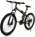 hosote 26 Inch Folding Full Suspension Mountain Bike, 21 Speed High-Tensile Carbon Steel Frame MTB, Dual Disc Brake Bicycle for Men and Women,Green